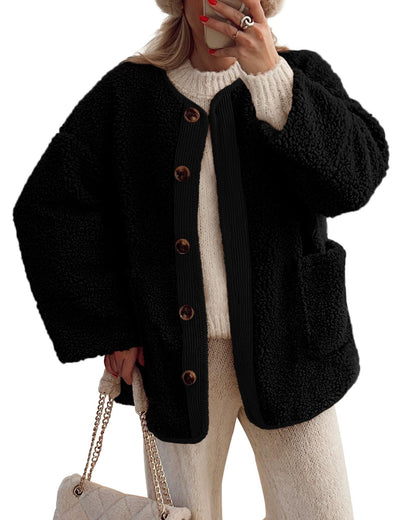 Perssia SherpaLuxe™ Women’s Fuzzy Winter Coat — Button‑Up Warm Fleece Jacket (Black) - PERSSIA