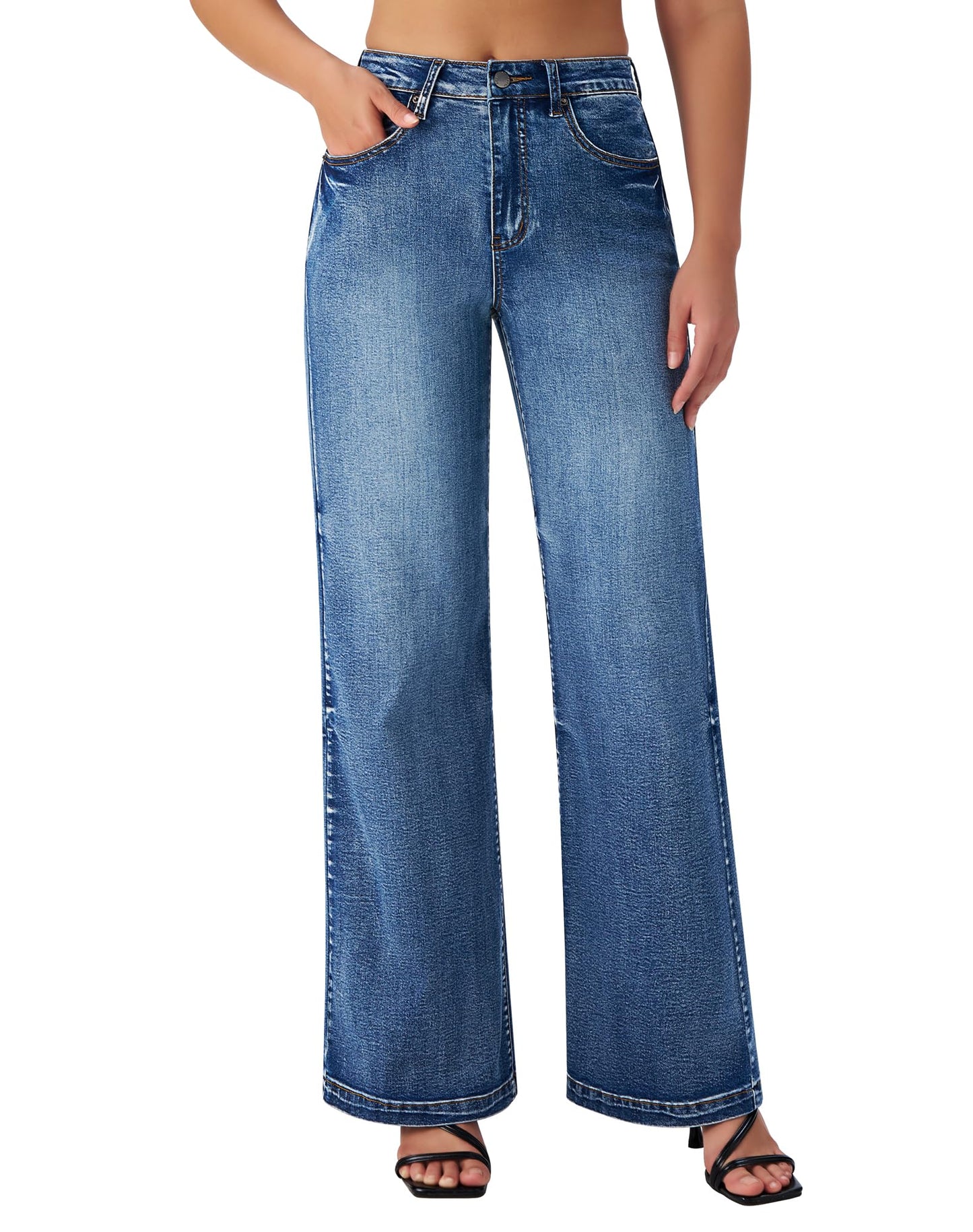 Perssia RetroFlex™ Wide Leg Jeans High Waisted Stretchy Denim Trouser Pants 104 Blue Small - PERSSIA