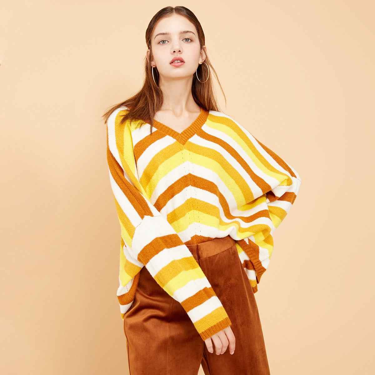 2020 Women's Striped Loose V-Neck Knit Sweater-INT8