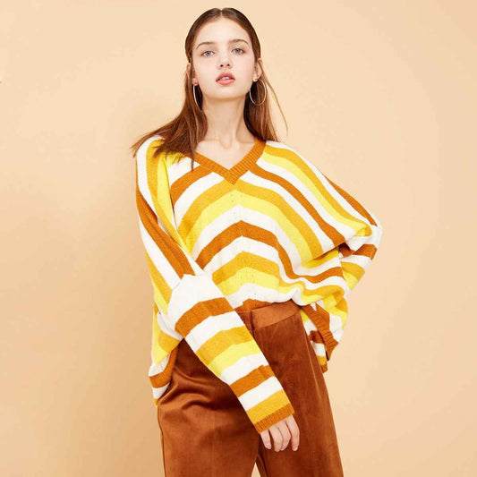 2020 Women's Striped Loose V-Neck Knit Sweater-INT8