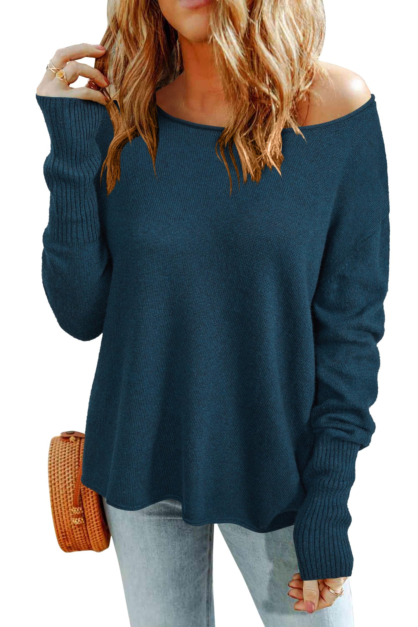 Arach&Cloz Womens Wool Long Sleeve Sweater Boat Neck Casual Loose Pullover Trendy 2024(Dark BlueXL) US