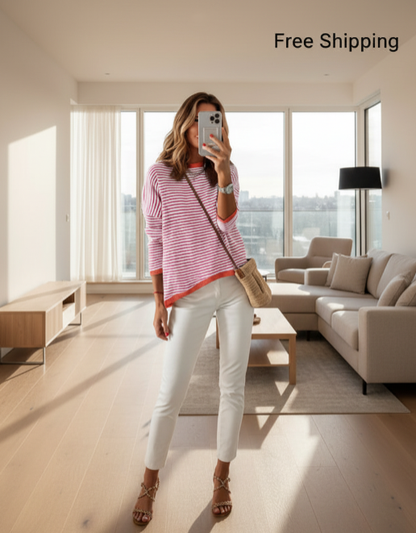 ATHMILE Striped Color Block Knit Sweater – Pink, Crew Neck, Long Sleeve, XL -US2D