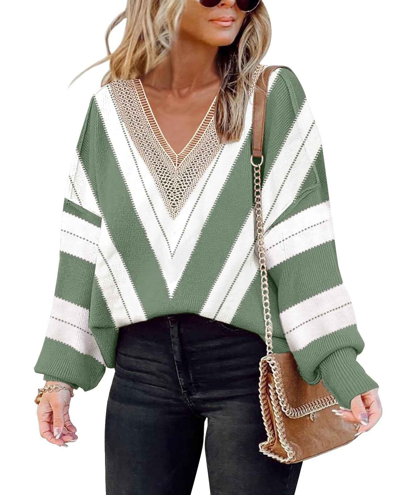 Womens 2024 Fall Sweaters Trendy Long Sleeve Lace V Neck Color Block Striped Sweater Winter Oversized Pullover Knitted Tops(XL.Color Green)-US2D