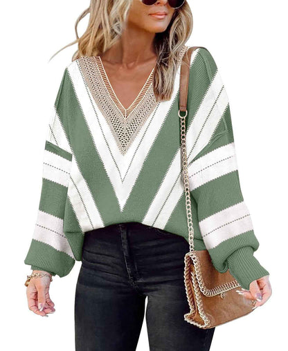 Womens 2024 Fall Sweaters Trendy Long Sleeve Lace V Neck Color Block Striped Sweater Winter Oversized Pullover Knitted Tops(XL.Color Green)-US2D