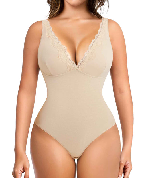 “LUMISNATCH™ LACE SCULPT BODYSUIT” MERYOSZ Shapewear Bodysuit Tummy Control Body Shaper for Women V Neck Bodysuits Thong Lace Camisoles Jumpsuit Tops (Beige X-Large)