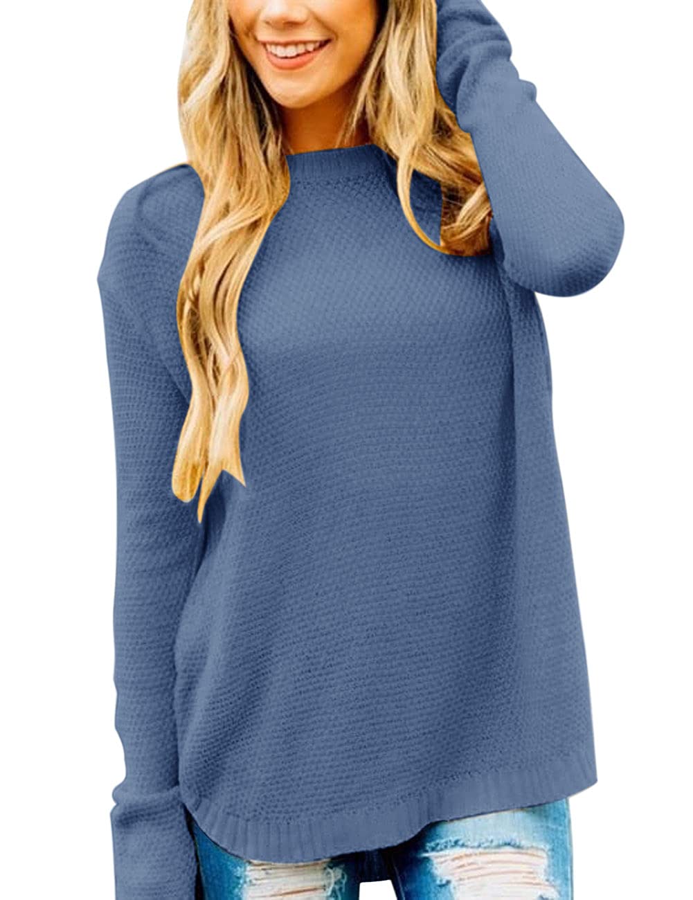 LEANI Women’s 2024 Long Sleeve Crew Neck Pullover Sweater Loose Casual Soft Knit Jumper Tops Dustyblue-US