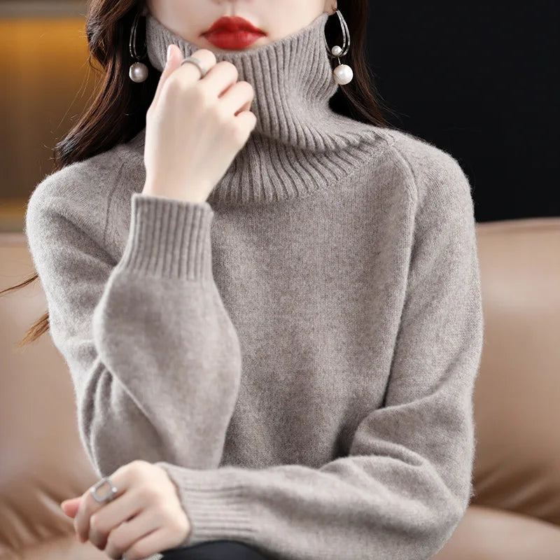 Womens 100 % Merino Wool High Neck Sweater Top-INT8