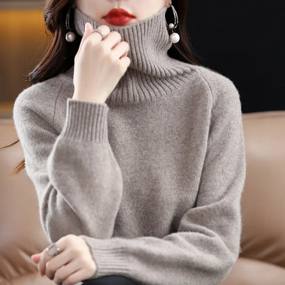 Womens 100 % Merino Wool High Neck Sweater Top-INT8