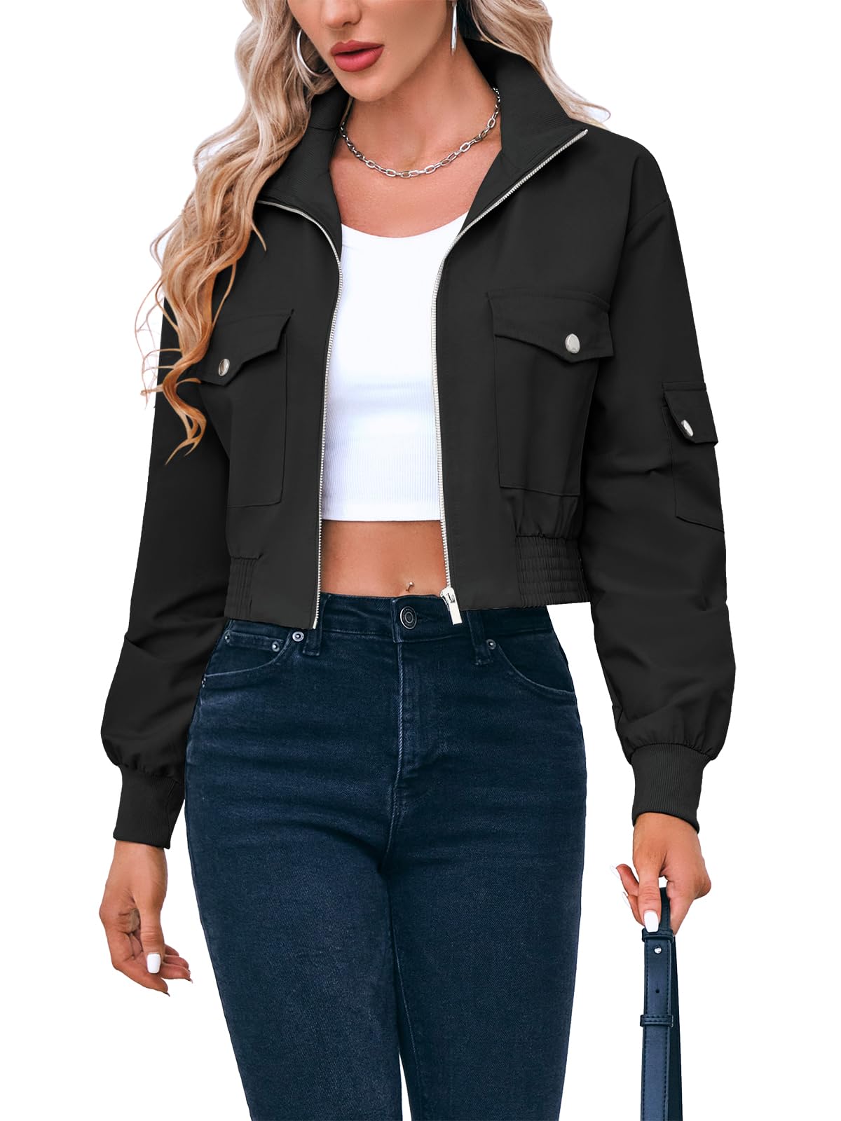 Perssia FlexAero™ Women’s Cropped Utility Bomber — Lightweight Zip‑Up Stand Collar Jacket - PERSSIA