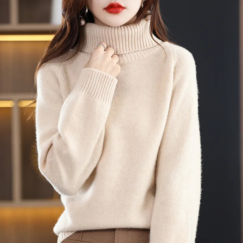Womens 100 % Merino Wool High Neck Sweater Top-INT8
