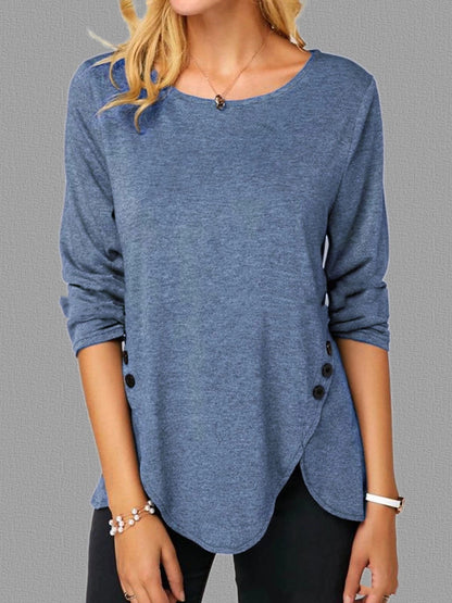 Irregular Button Hem Long Sleeved Round Neck Oversized T-shirt-US