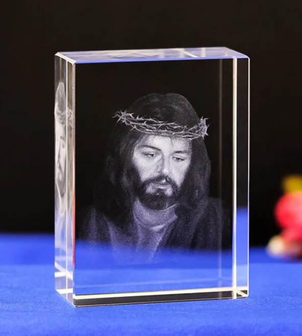 Perssia CrystalFaith™ — 3D Engraved Jesus &amp; Cross Crystal Ornaments (White Crystal | 50×50×80 mm) - PERSSIA