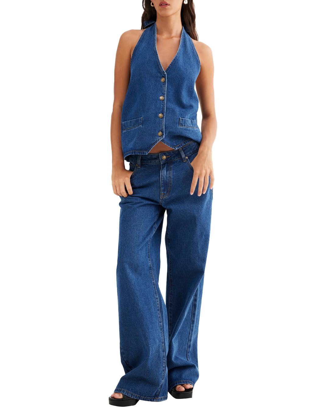 Perssia DenimMuse™ Two Piece Set Women Denim Set Button Down Backless Tank Top and Wide Leg Jeans 2 Piece Outfit Suits - PERSSIA