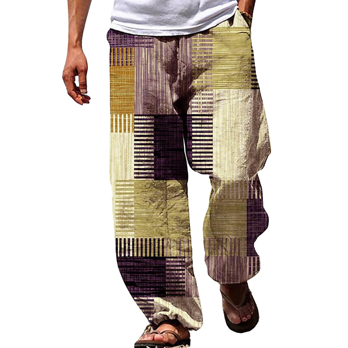 Miyaomn for Men Trendy Stripes Patchwork Loose Casual Pants for Men Lightweight Elastic Waist Wide Leg Lounge Beach Pants with Pocket(Yellow3X-Large)-US