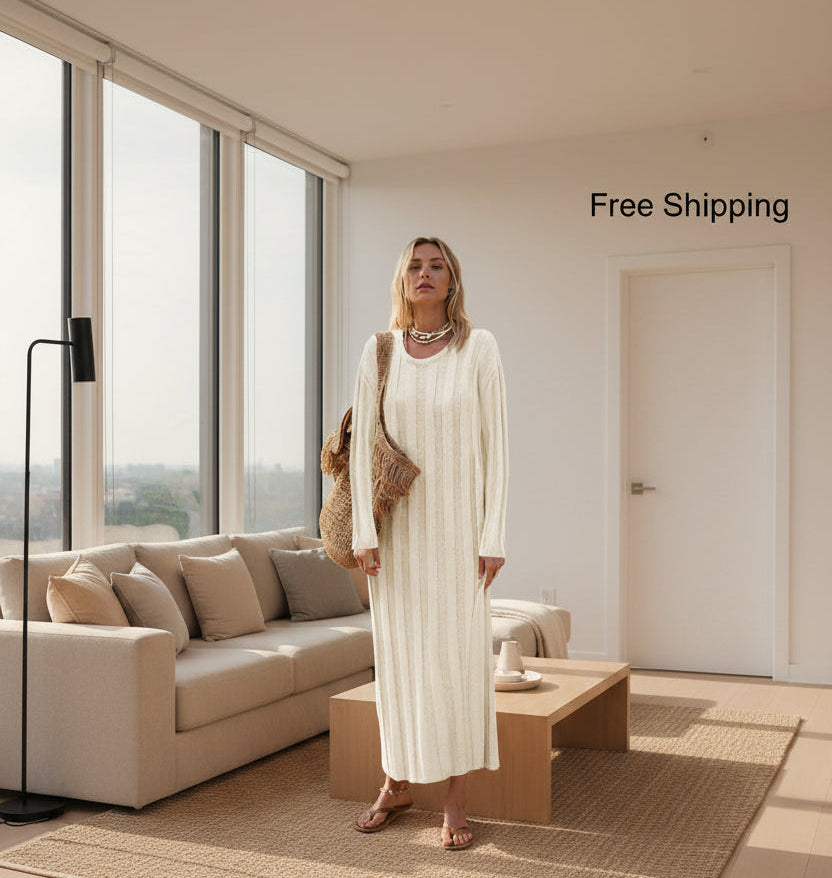 Saodimallsu Ribbed Knit Sweater Dress – Beige, Long Sleeve, Ribbed Midi Knit -US2D