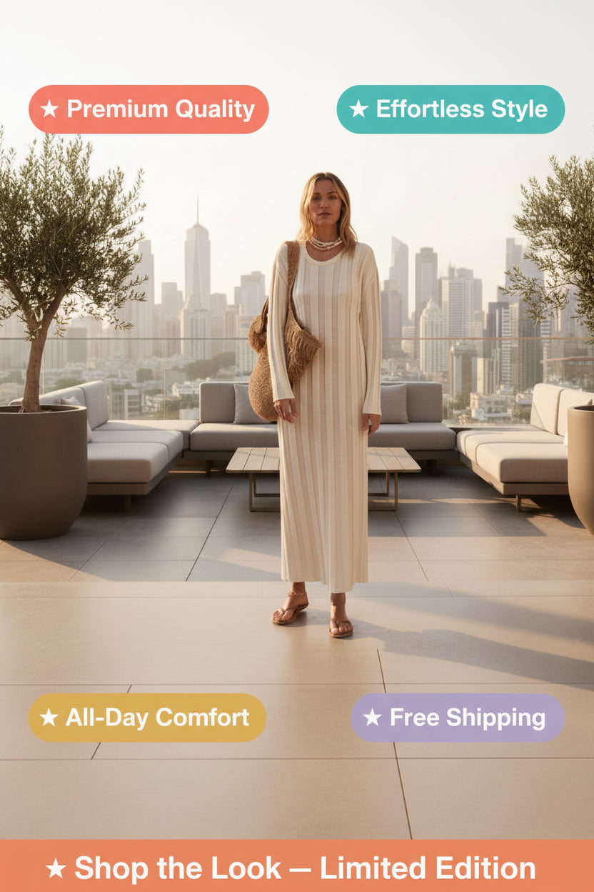 Saodimallsu Ribbed Knit Sweater Dress – Beige, Long Sleeve, Ribbed Midi Knit -US2D