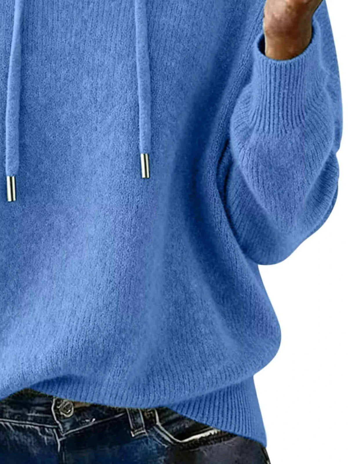 Blue hoodie worn by a person on a white background