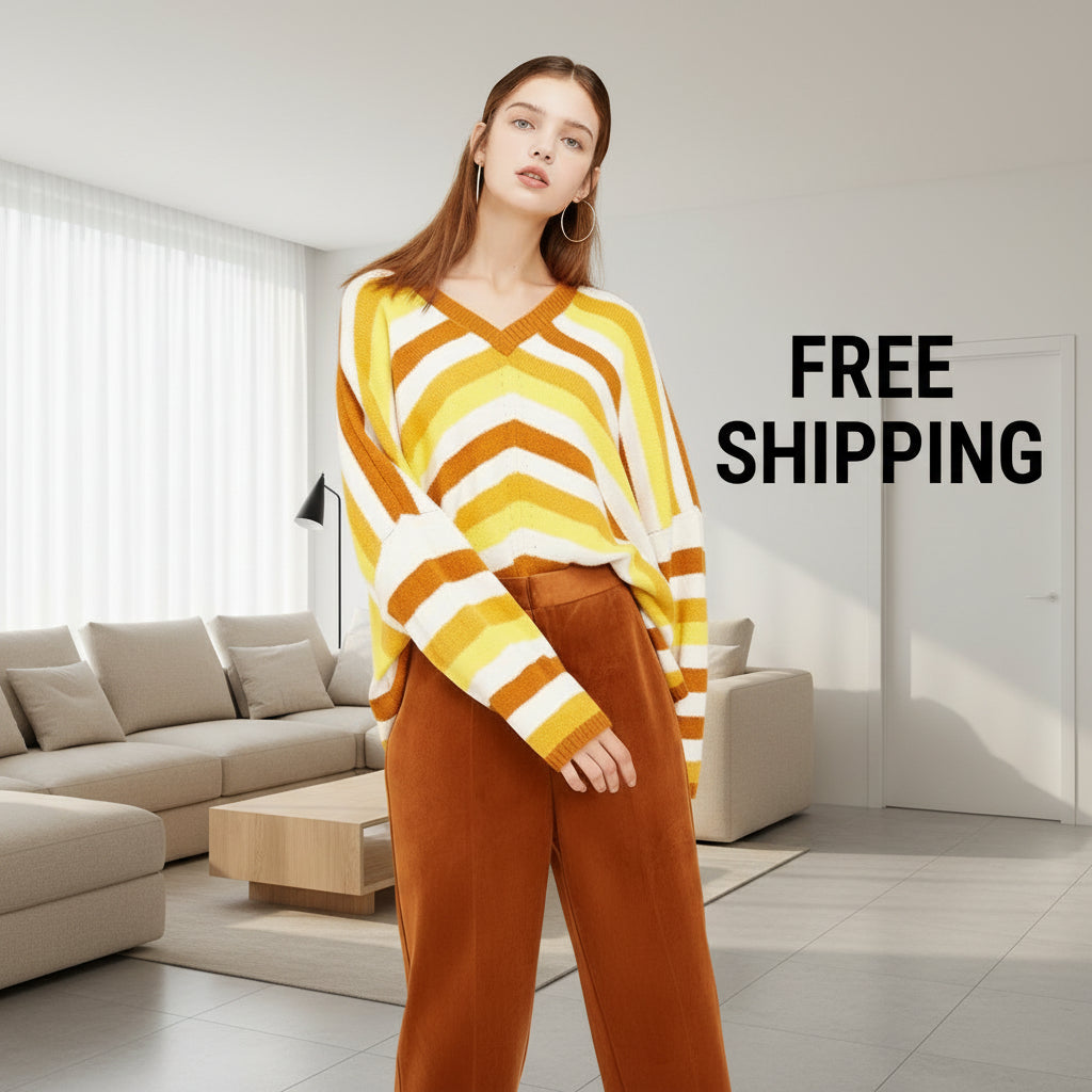 Striped Loose V‑Neck Knit Sweater – Women’s Modern Fit, Breathable Polyester, S–XL (INT8)