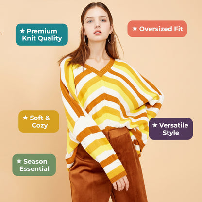 Striped Loose V‑Neck Knit Sweater – Women’s Modern Fit, Breathable Polyester, S–XL (INT8)