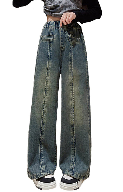 Perssia LittleTrend™ Wide Leg Jeans- Kids Girls Fashion Wide Leg Jeans Elastic Waist Denim Pants Age 5-14(Blue117-8 Years) - PERSSIA