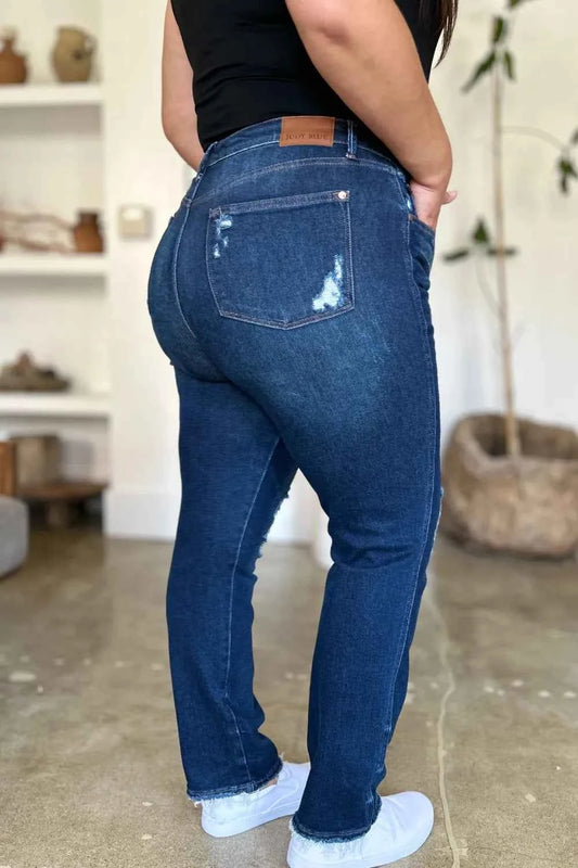 Judy Blue Full Size High Waist Rigid Magic Heavy Destroy Straight Jeans-TreUS2D