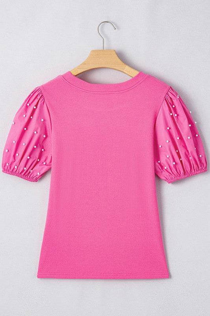 Ribbed Pearl Beaded Puff Sleeve Top