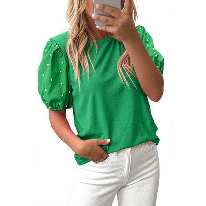 Ribbed Pearl Beaded Puff Sleeve Top