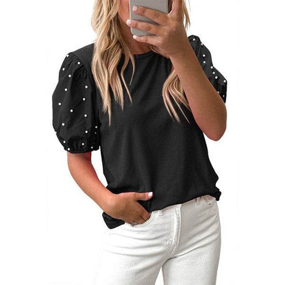 Ribbed Pearl Beaded Puff Sleeve Top