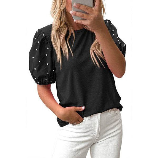 Ribbed Pearl Beaded Puff Sleeve Top