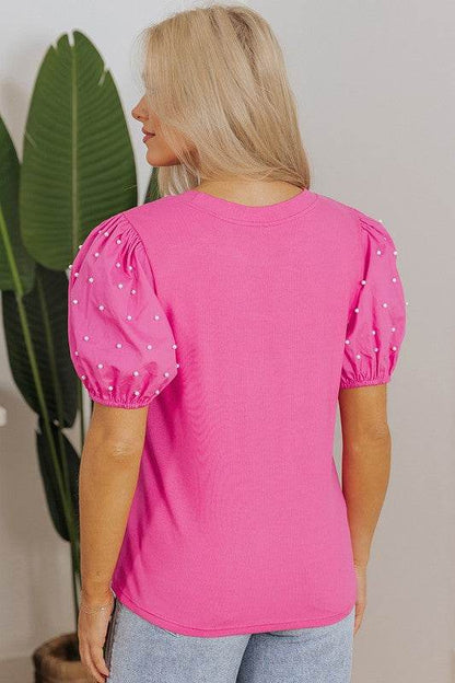 Ribbed Pearl Beaded Puff Sleeve Top