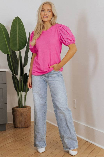 Ribbed Pearl Beaded Puff Sleeve Top