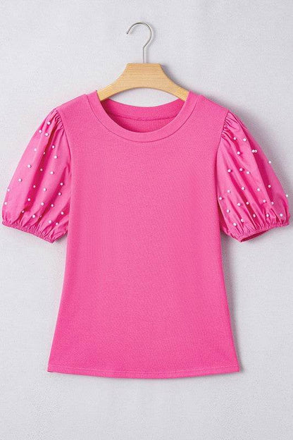Ribbed Pearl Beaded Puff Sleeve Top