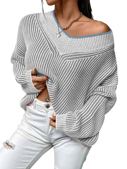 US-Cakulo Womens Fall 2024 Oversized Striped V Neck Sweaters Long Sleeve Knit Color Block Trendy Pullover Sweater Top Grey XL