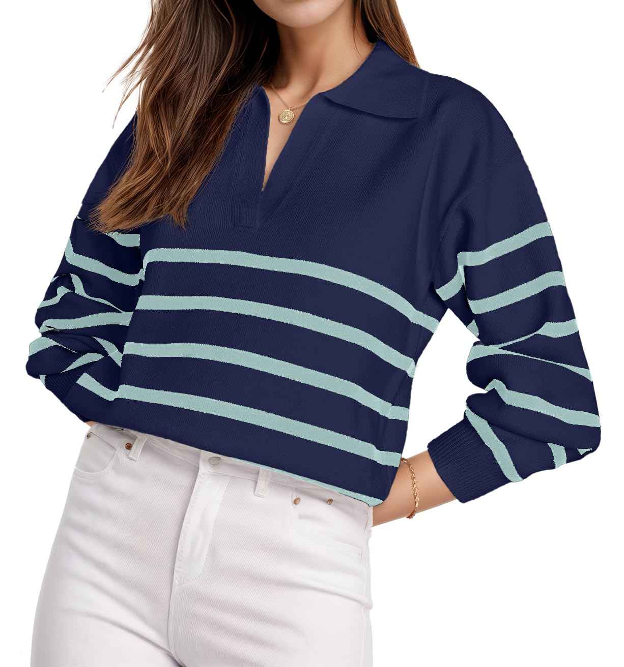 GRECERELLE 2024 Sweaters for Women Trendy Long Sleeve V Neck Striped Sweater Women Winter Chunky Pullover Navy Blue Stripe-L