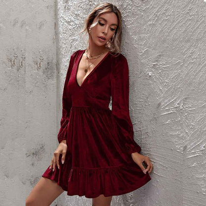 Velvet Ruffle Dress with Deep V-Neck and Puff Sleeves