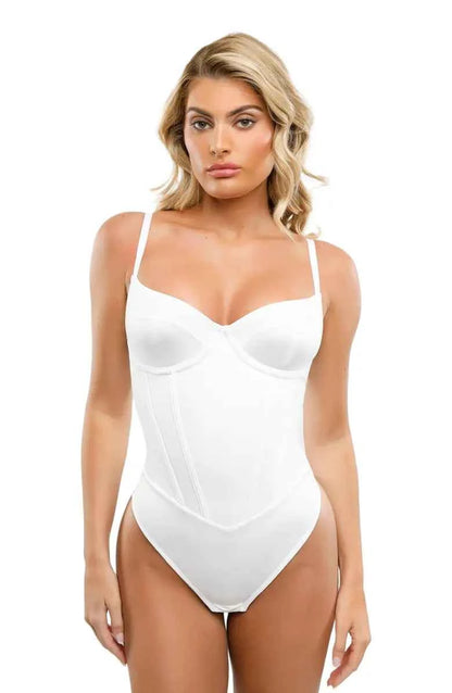 “CURVÉLUX™ CORSET FLOW BODYSUIT” Popilush Corset Bodysuit for Women Tummy Control Cowl Neck Thong Shapewear Bodysuits Going Out Tops White