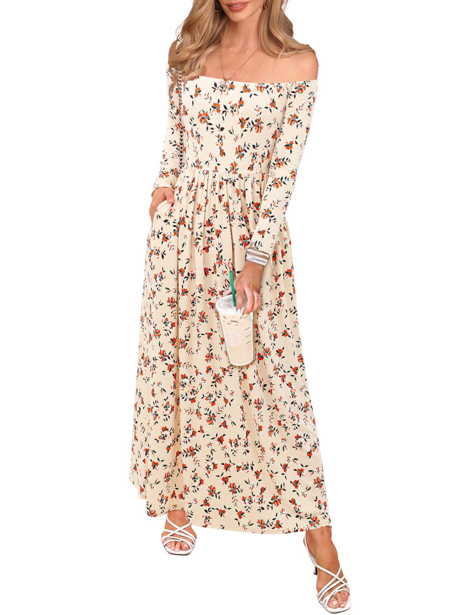 Perssia ApricotBloom™ Off‑Shoulder Bohemian Dress with Pockets Long Sleeve Beach Swing Dresses Floral Apricot S - PERSSIA