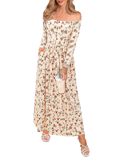 Perssia ApricotBloom™ Off‑Shoulder Bohemian Dress with Pockets Long Sleeve Beach Swing Dresses Floral Apricot S - PERSSIA