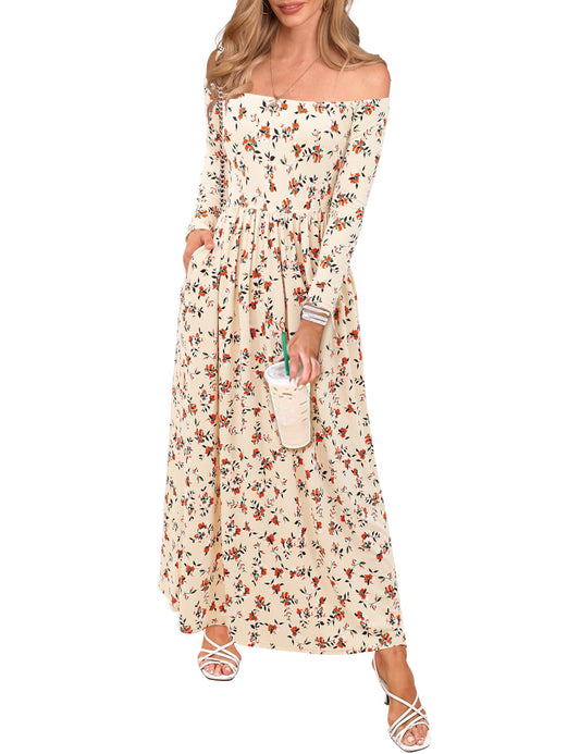 Perssia ApricotBloom™ Off‑Shoulder Bohemian Dress with Pockets Long Sleeve Beach Swing Dresses Floral Apricot S - PERSSIA