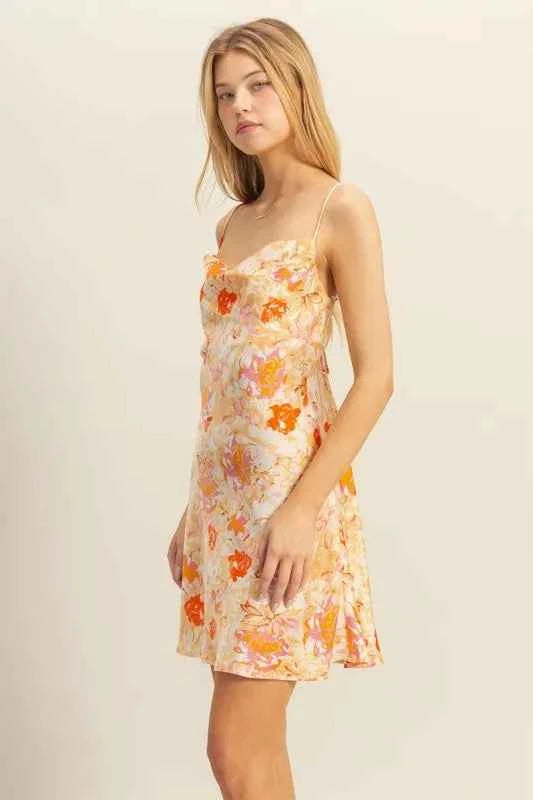 HYFVE Floral Cowl Neck Satin Mini Dress – Apple Green (Flirty Floral) - TreUS