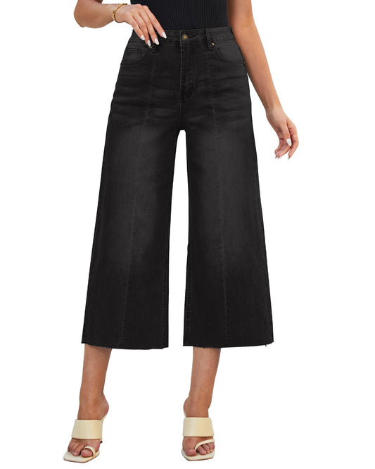 Perssia FlowDenim™ High‑Waisted Wide‑Leg Jeans — Raw Hem Capri Fit (Black) - PERSSIA