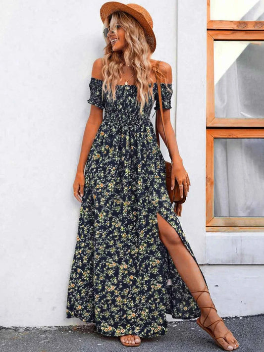 Full Size Slit Off‑Shoulder Floral Midi Dress – Plus Size Women’s - TreUS