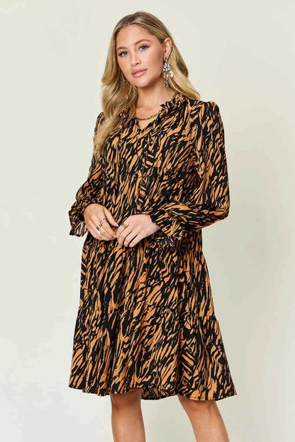 Double Take Full Size Printed Ruffle Hem Long Sleeve Dress Plus Size-Tre(INT8D)