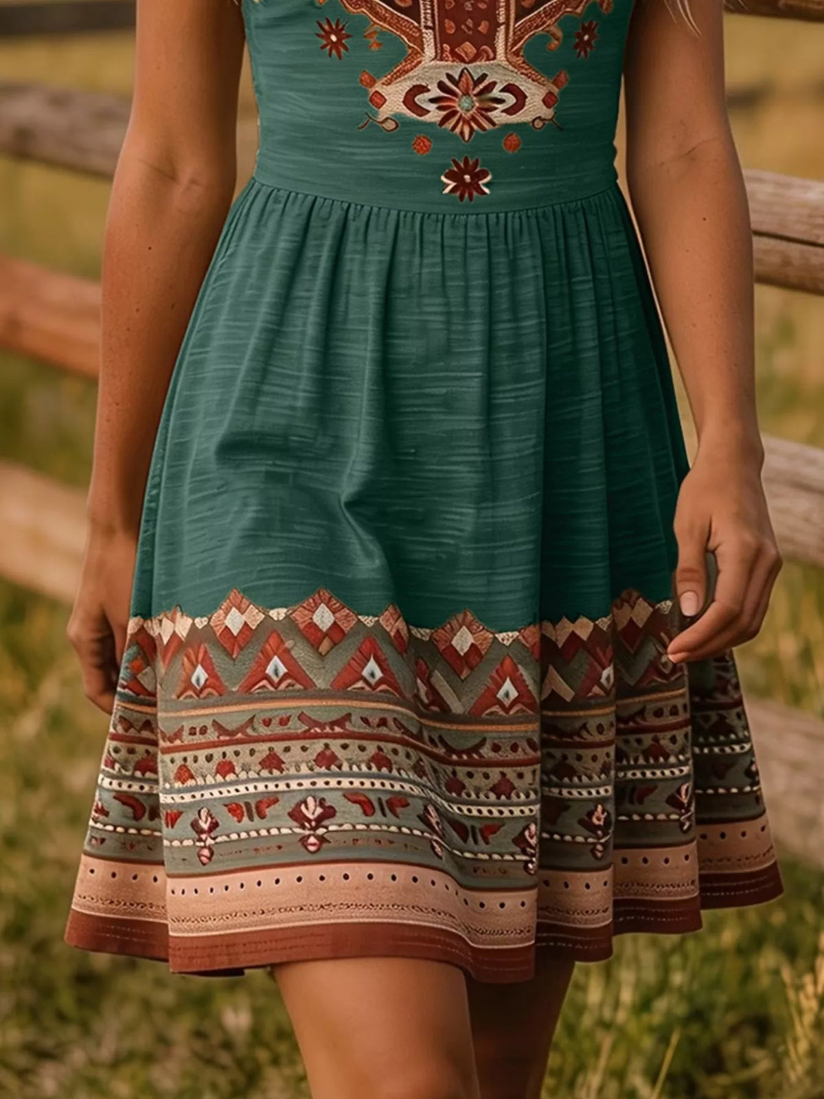 A woman wearing a teal green sleeveless dress with a gathered waist and a wide flared skirt featuring a colorful geometric and tribal-style border pattern in rust red, beige, and brown. The bodice has a matching embroidered pattern at the neckline.
