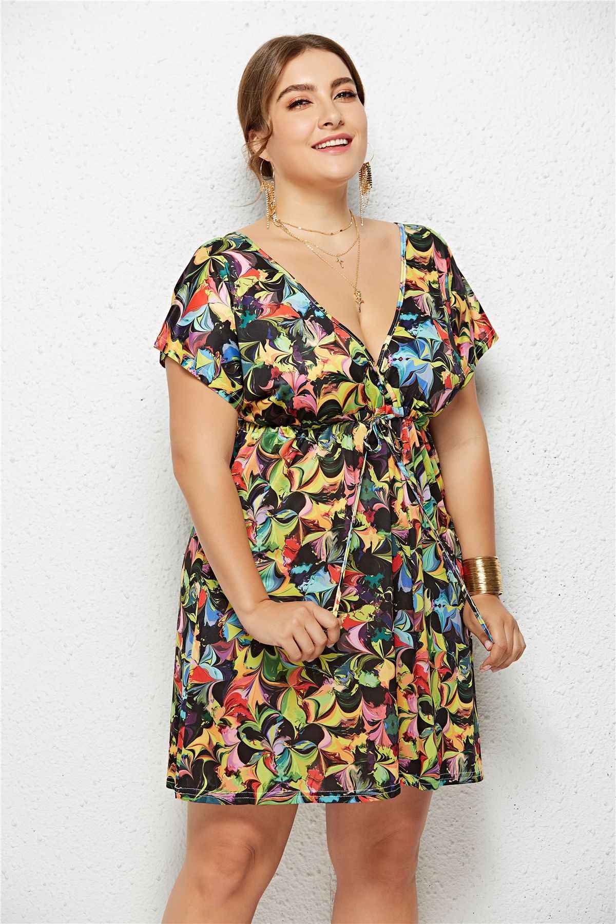 Deep V-Neck Printed Dress with Elastic Waist