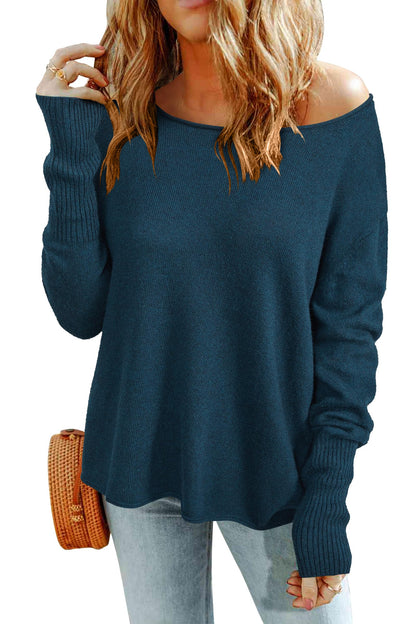 Arach&Cloz Womens Wool Long Sleeve Sweater Boat Neck Casual Loose Pullover Trendy 2024(Dark BlueXL) US