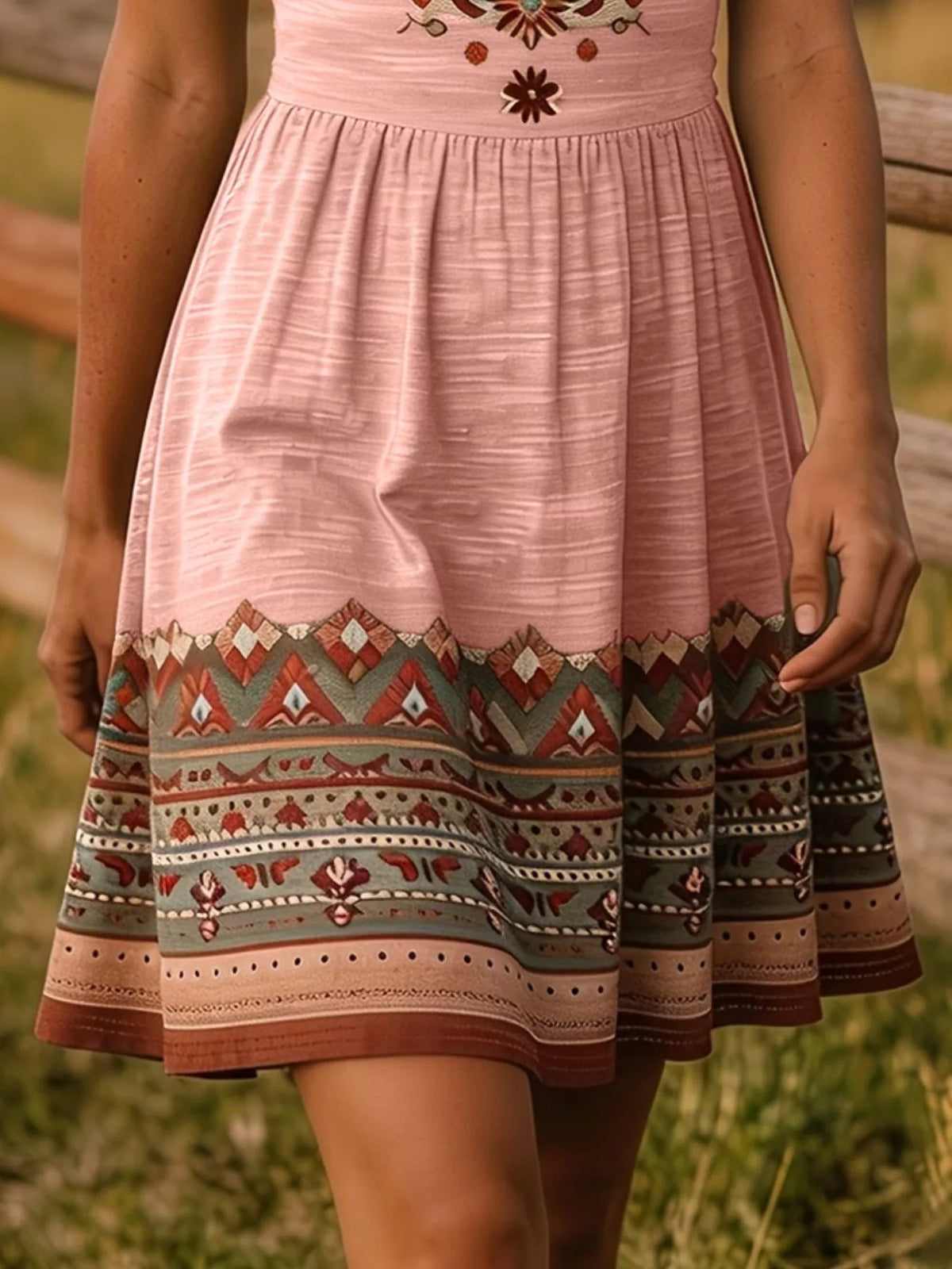 A close-up of a pink skirt with a wide, decorative multicolor patterned hem and embroidered detailing at the waistband, shown on a model outdoors.