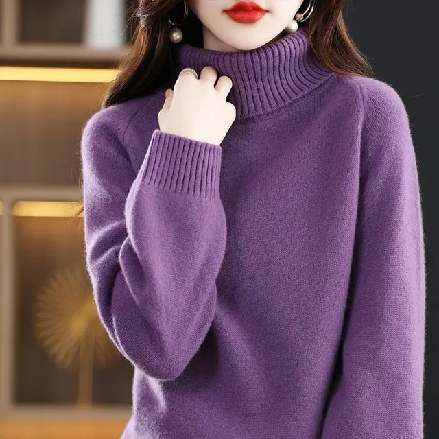 Womens 100 % Merino Wool High Neck Sweater Top-INT8
