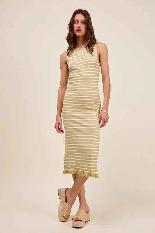 SO ME Stripe Sleeveless Sweater Knit Maxi Dress With Ruffled Hem- TreUS
