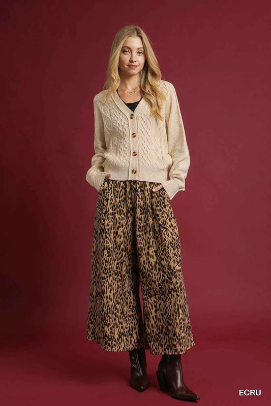 Umgee Chunky Cable Knit V‑Neck Button‑Up Cardigan – Ecru - TreUS
